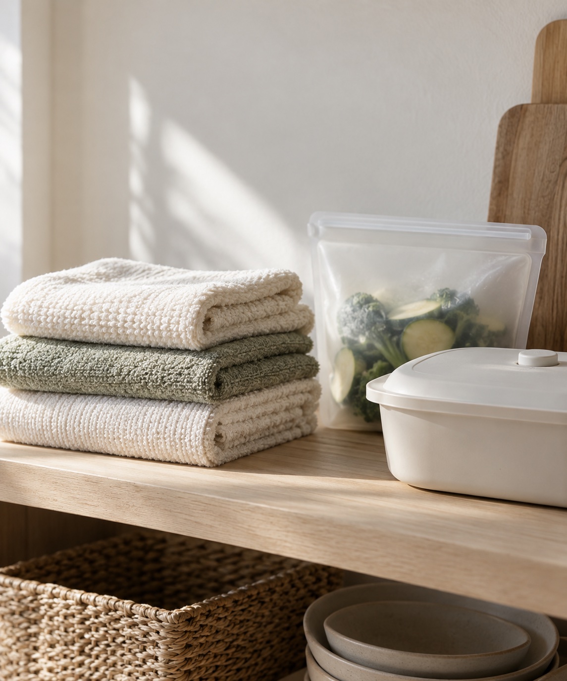 Illustrative towels and kitchen essentials in morning light